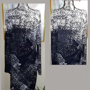 AMERICAN LIVING BLACK & WHITE SILKY KNIT SHEATH DRESS~BOAT NECKLINE~RUCHING~16